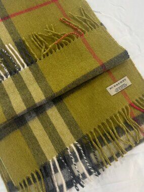 Burberry 100% Cashmere Olive Green Plaid Fringe Scarf